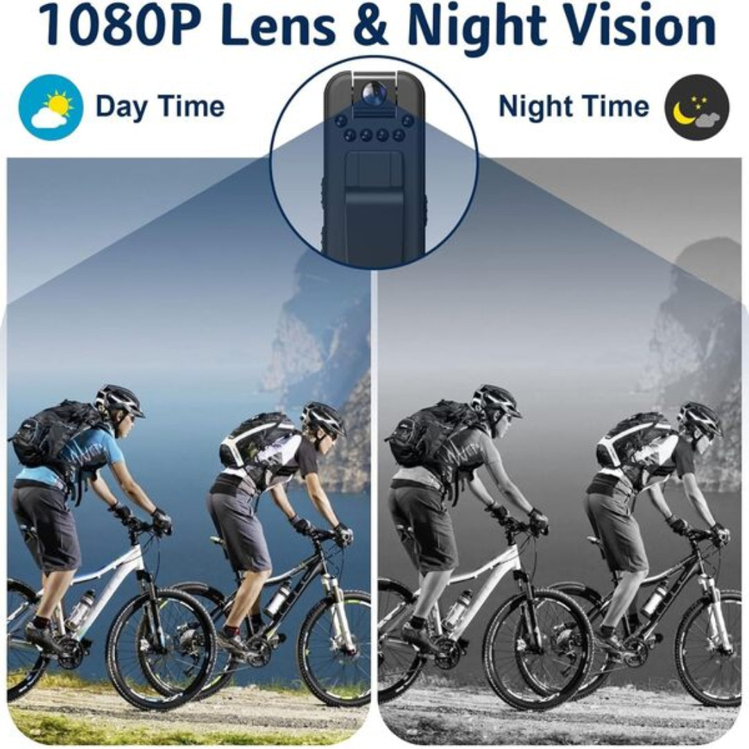 Comparison of a person riding a bike during day and night with 1080P lens and night vision feature.
