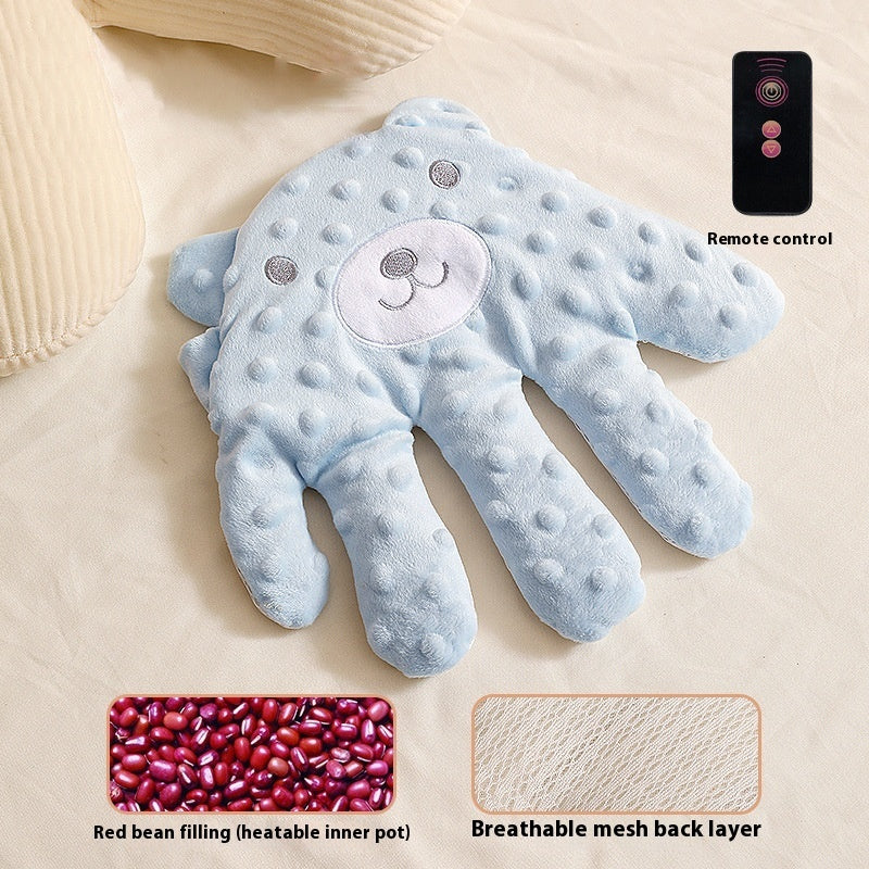 Blue plush toy with remote control, red bean filling, and breathable mesh back layer on a beige background.