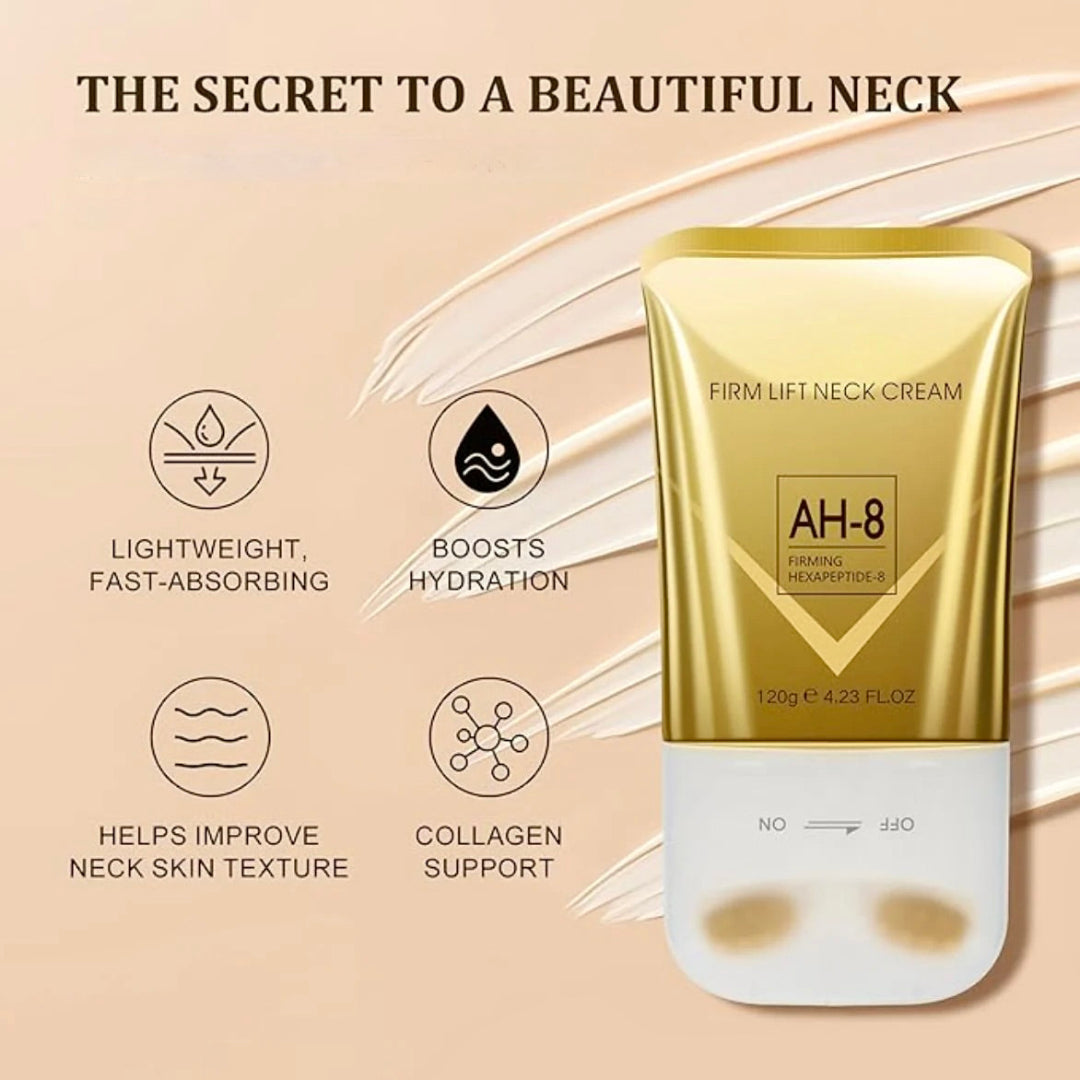 Gold neck cream packaging with text on a beige background