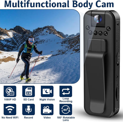 Multifunctional body cam with skiing scene and feature icons on a white background