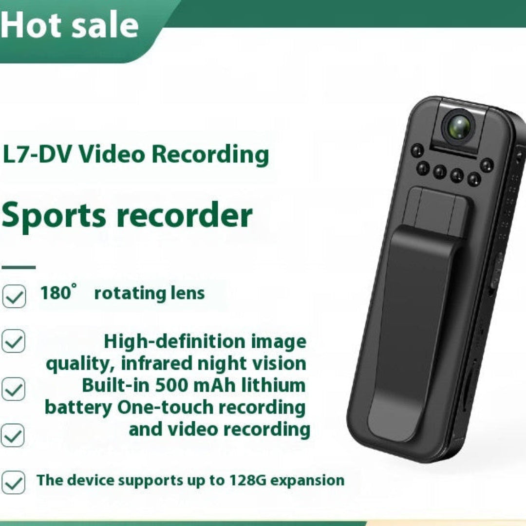 L7-DV video recording sports recorder with features listed on a green and white background