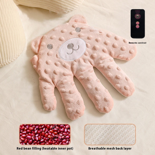 Pink plush toy with remote control feature on a beige background
